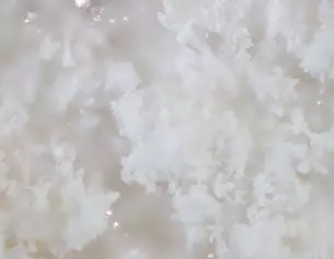 Close-up of fluffy, white crystalline texture resembling snow or a soft cloud.