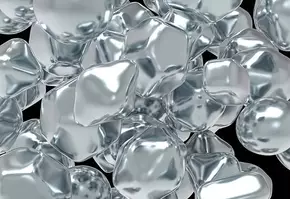 Des particules reflechissantes en forme de spheres et de cubes, flottant sur un fond noir, creant un effet de profondeur.