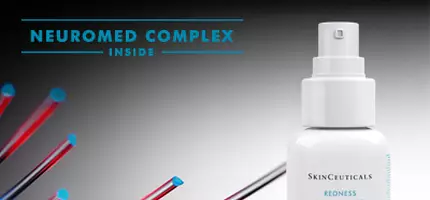 Afbeelding van een flacon SkinCeuticals Redness Neutralizer, die vermeldt dat het de roodheid en blozen met 30% vermindert, met de tekst "Neuromed Complex Inside".