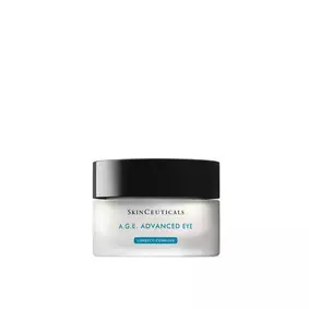 A jar of SkinCeuticals A.G.E. Advanced Eye cream with a black lid, designed for eye area correction and protection.