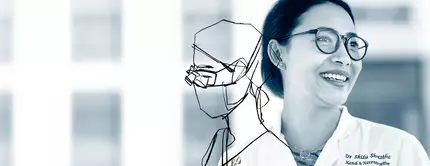 Un medecin qui sourit, accompagne d'un dessin au trait esquisse de son profil.