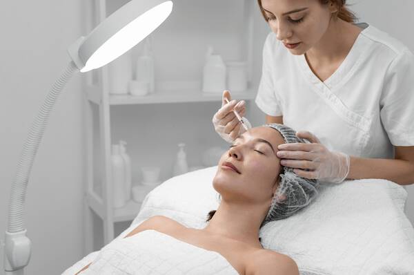 Une femme recoit un soin de la part d'une estheticienne dans un environnement spa moderne.