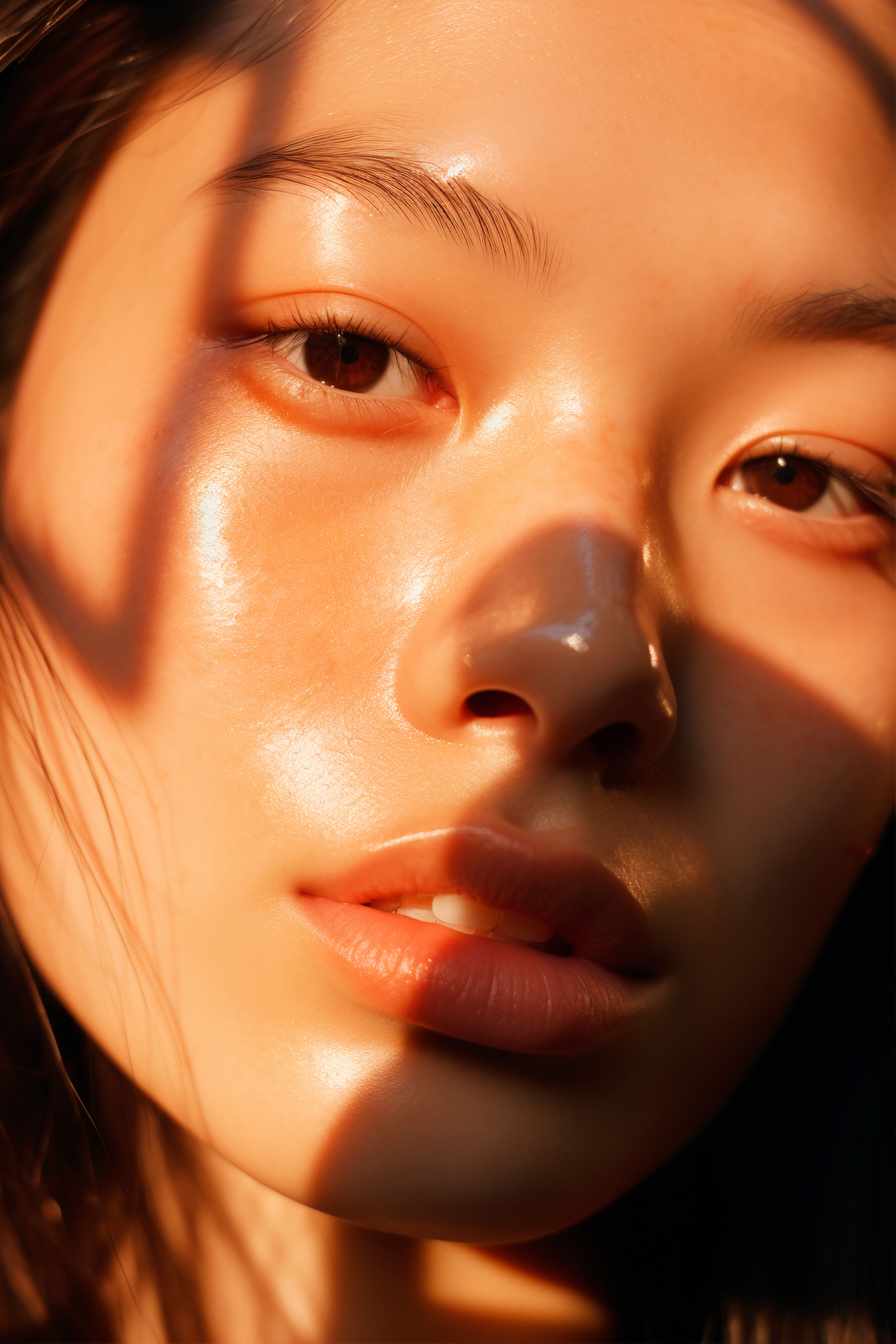 Un gros plan du visage d'une femme a la peau eclatante, avec des ombres projetees sur son visage.