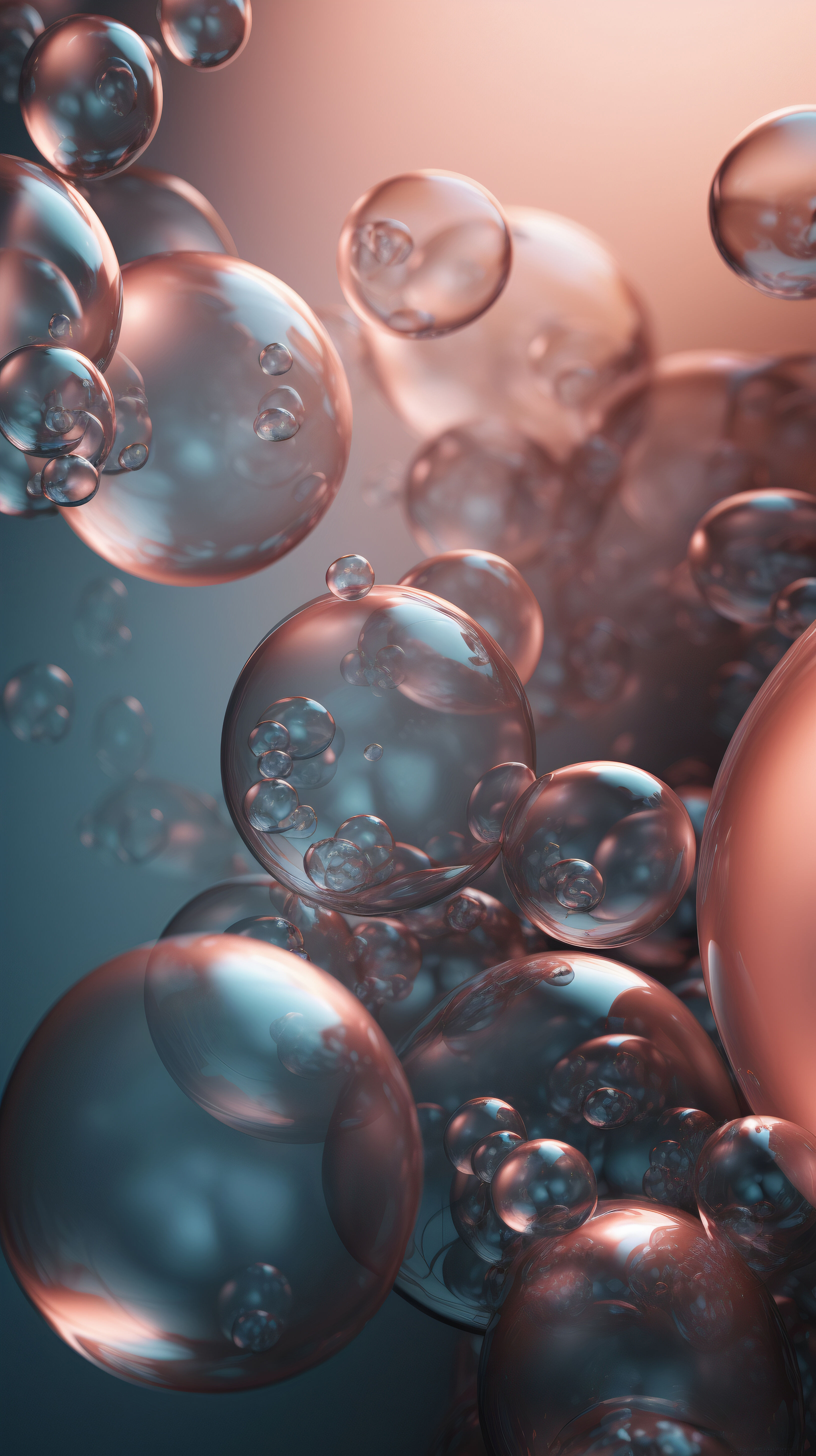 Image abstraite de bulles d'air dispersees en differentes tailles, sur un fond doux dans des nuances de bleu et de cuivre.