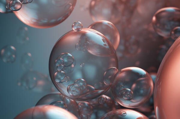Image abstraite de bulles d'air dispersees en differentes tailles, sur un fond doux dans des nuances de bleu et de cuivre.