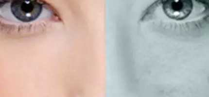 A close-up split image of an eye with one side showing a natural skin tone and the other in grayscale, highlighting contrasting textures and colors.